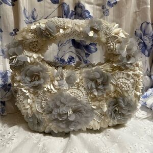 Not for Sale / Made in India Floral Beaded Handbag in slate Blue and Ivory